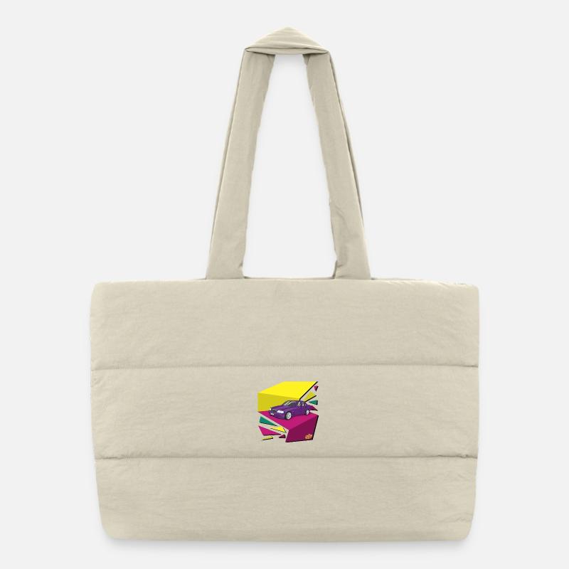 Purple car in neon geopattern Puffer Shopping Bag