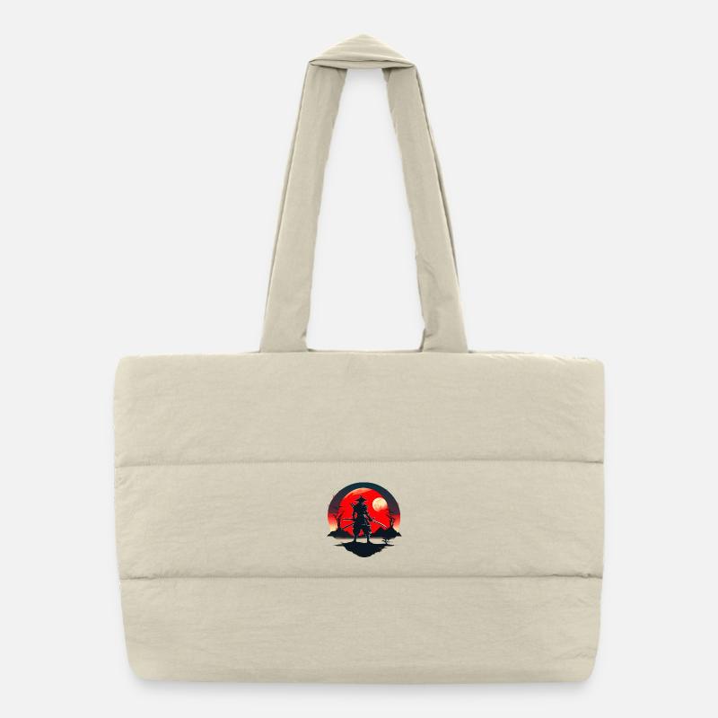Samurai-Silhouette mit rotem Mondhintergrund Puffer-Einkaufstasche