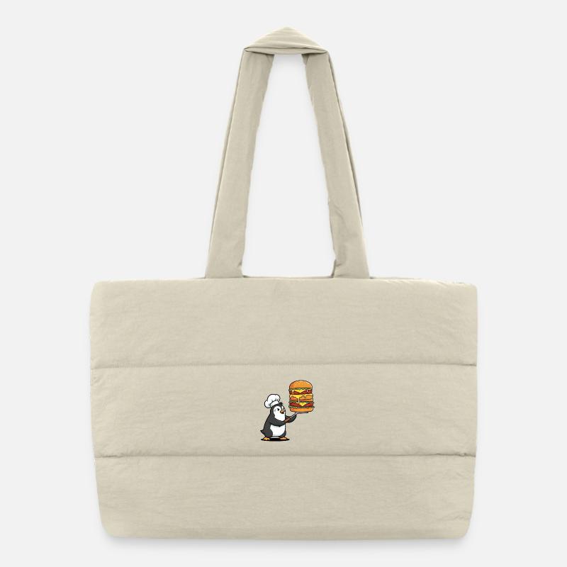 Cute penguin sweating with hamburger BBQ grilling Puffer Shopping Bag