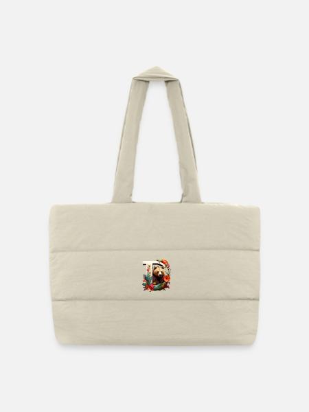 Bear illustration with flowery picture frame - Puffer Shopping Bag - natural