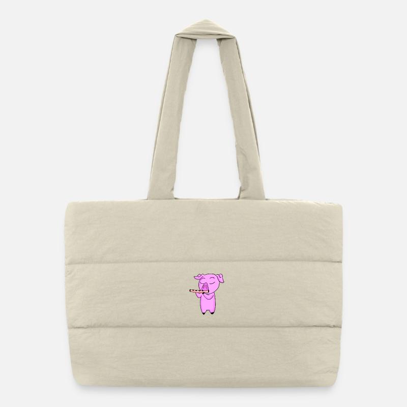 Pig Kids Motif Playing Flute Puffer Shopping Bag