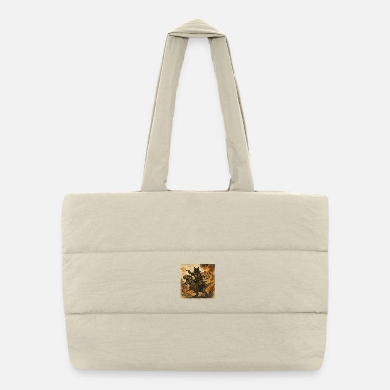 Samurai Cat Riding Dinosaur in Volcanic Eruption Puffer Shopping Bag
