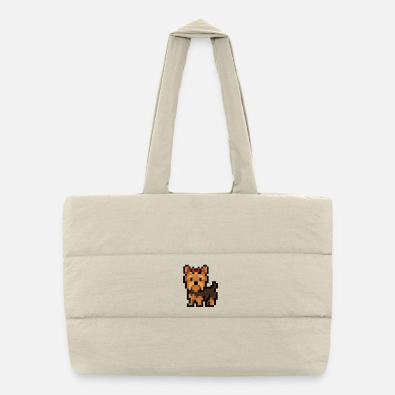 Pixel Art Yorkshire Terrier Dog with Red Bow Puffer Shopping Bag