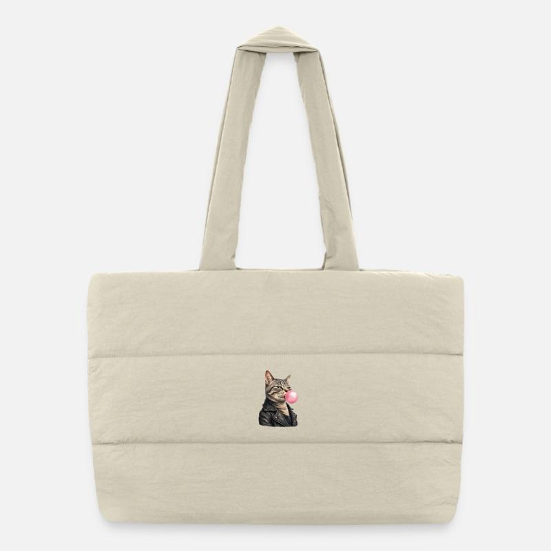Chat cool avec une veste en cuir - Sac shopping matelassé - blanc naturel