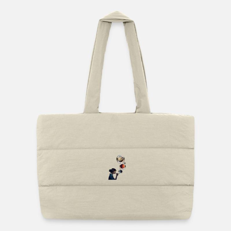 Contemplative woman with cosmic planets Puffer Shopping Bag