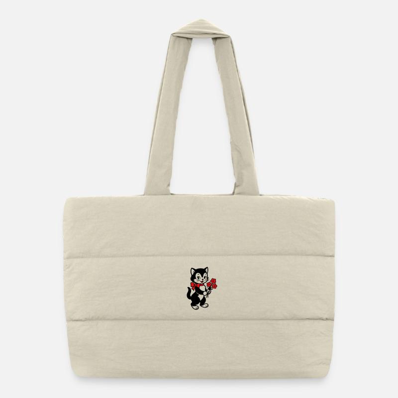 Schwarze Katze mit rotem Band Puffer-Einkaufstasche