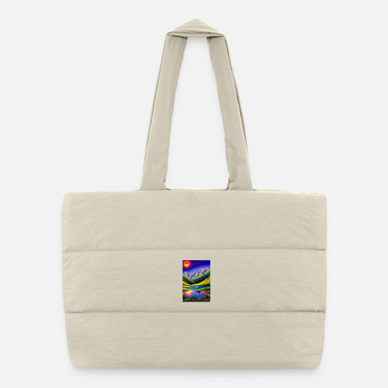 Landschaft mit See, Boot und Berge Puffer-Einkaufstasche