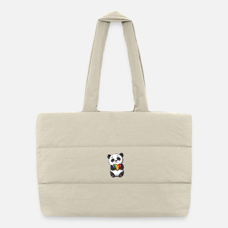 Panda-Karikatur mit einem Pride-Regenbogenherz - Puffer-Einkaufstasche - Naturweiß