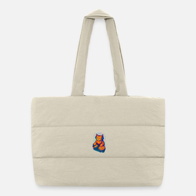 Neon DJ Cat Design - Puffer Shopping Bag - natural