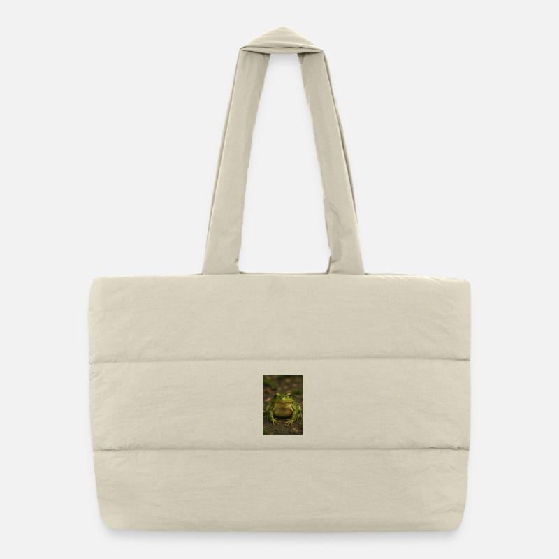 Green frog in focus Puffer Shopping Bag