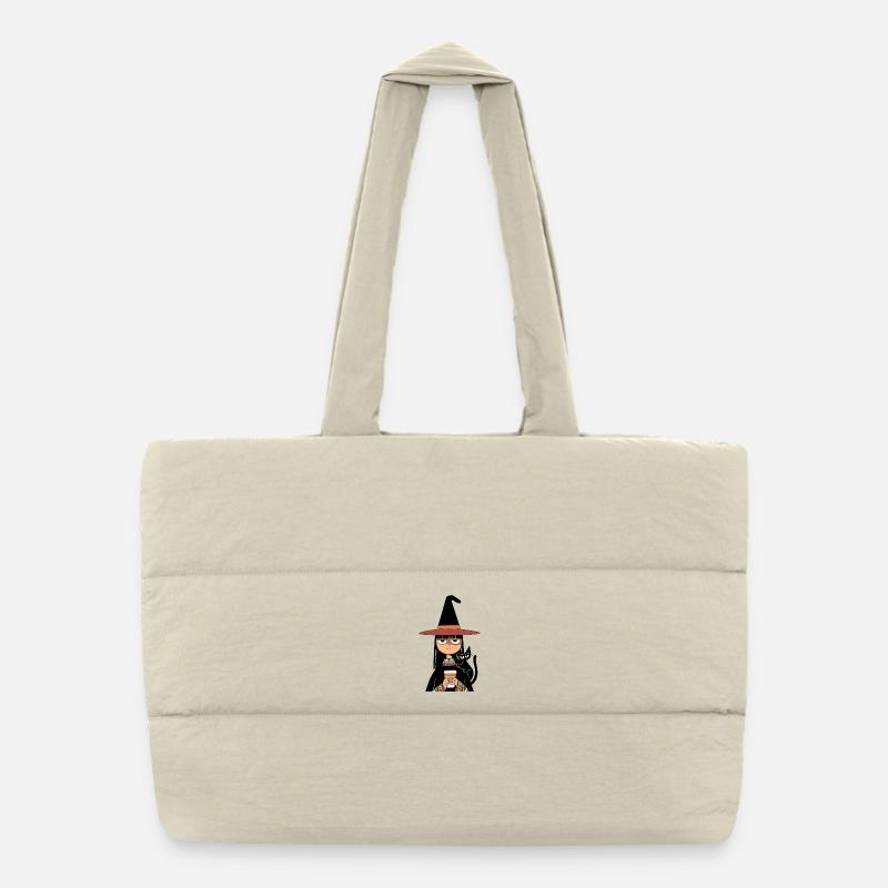 Grumpy Witch with Coffee and Black Cat – Halloween Sac shopping matelassé