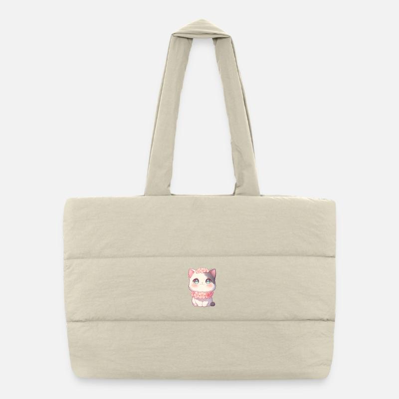 Kawaii Weiße Katze Sakura Blumenkranz Chibi Style Puffer-Einkaufstasche