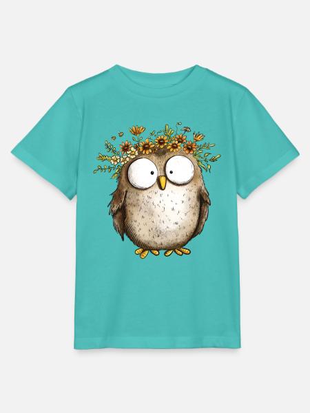 Eule mit Wildblumen Blumenkranz Cartoon - Stanley/Stella Kinder T-Shirt MINI CREATOR  - Poolblau