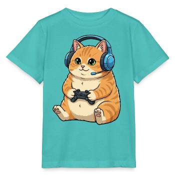 Gamer cat with headset - Stanley/Stella MINI CREATOR Kids’ T-Shirt - pool blue - Front