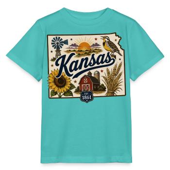 Kansas Sunflower State Vintage Travel Sticker - Stanley/Stella MINI CREATOR Kids’ T-Shirt - pool blue - Front
