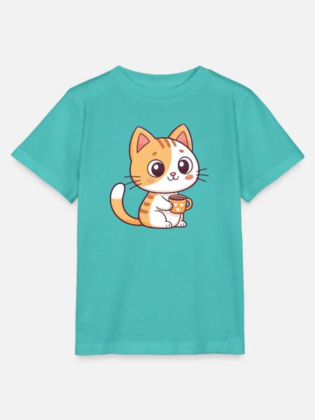 Süße Katze mit Teeherztasse - Stanley/Stella Kinder T-Shirt MINI CREATOR - Poolblau