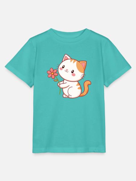 Süße Katze hält eine Blume - Stanley/Stella Kinder T-Shirt MINI CREATOR - Poolblau