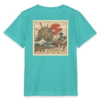 Ukiyoe Katze Tsunami Wolle Stricken Japan Retro - Stanley/Stella Kinder T-Shirt MINI CREATOR  - Poolblau - Vorne