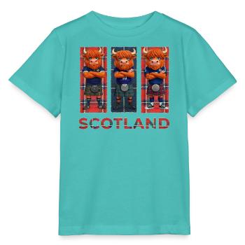 Highland-Kuh in Tartan-Kilts - Stanley/Stella Kinder T-Shirt MINI CREATOR  - Poolblau - Vorne