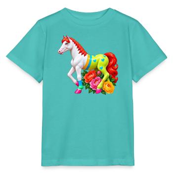 Niedliches Märchenpferd auf einer Blumenwiese - Stanley/Stella Kinder T-Shirt MINI CREATOR  - Poolblau - Vorne
