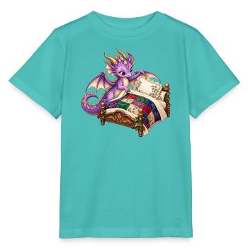 Lila Drache auf Quiltbett - Stanley/Stella Kinder T-Shirt MINI CREATOR  - Poolblau - Vorne