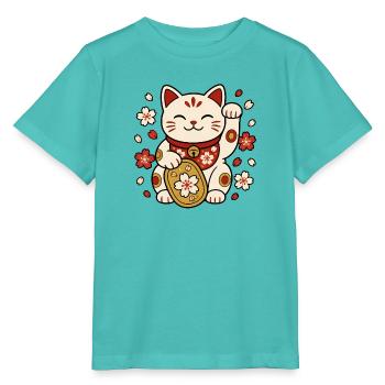 Winkekatze Maneki Neko Sakura Japan Vektor Shirt - Stanley/Stella Kinder T-Shirt MINI CREATOR  - Poolblau - Vorne