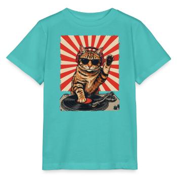 Retro DJ Katze Rot Getigert Plattenspieler - Stanley/Stella Kinder T-Shirt MINI CREATOR  - Poolblau - Vorne
