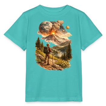 Des randonneurs devant un volcan en éruption et un monde étrange - T-shirt bio MINI CREATOR Stanley/Stella Enfant - bleu piscine - Devant
