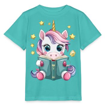 Süßes Kawaii Einhorn liest Buch Vektor Design - Stanley/Stella Kinder T-Shirt MINI CREATOR  - Poolblau - Vorne