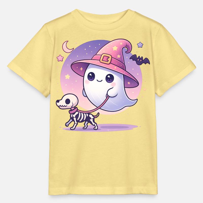 Pinker Hexen‑Geist mit Skelett‑Hund – Halloween - Stanley/Stella Kinder T-Shirt MINI CREATOR  - Gelb Viva 