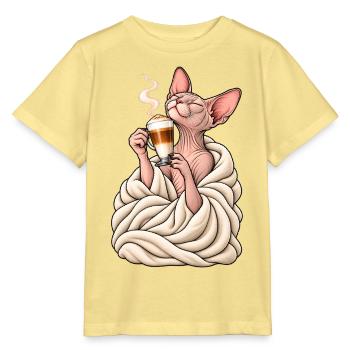 Sphinx Katze mit Latte Macchiato – Katzenkaffee - Stanley/Stella Kinder T-Shirt MINI CREATOR  - Gelb Viva  - Vorne