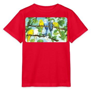 Perruches sur un arbre - craie pastel - T-shirt bio MINI CREATOR Stanley/Stella Enfant - rouge - Devant - Jaiden (125cm)