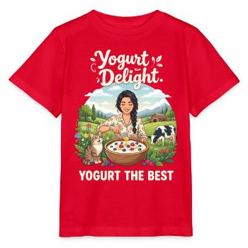 Yogurt Delight Lustiges Joghurt Katze Kuh Design - Stanley/Stella Kinder T-Shirt MINI CREATOR  - Rot - Vorne - Jaiden (125cm)