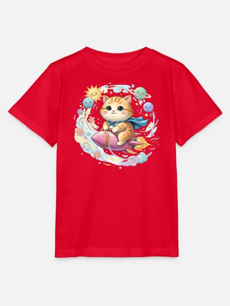 Cute Space Cat on Rocket - Stanley/Stella Kinder T-Shirt MINI CREATOR - Rot