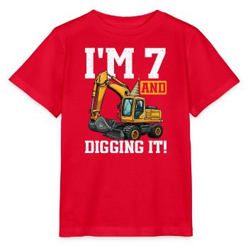 7 Years Old And Digs Excavator Birthday Design - Stanley/Stella MINI CREATOR Kids’ T-Shirt - red - Front - Jaiden (125cm)