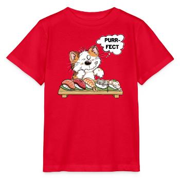 Purrfect Katze mit Sushi und Maus – Katzenhumor - Stanley/Stella Kinder T-Shirt MINI CREATOR  - Rot - Vorne - Jaiden (125cm)