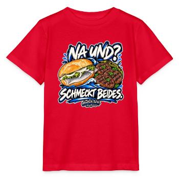 Fischbrötchen & Köfte – Na und? Schmeckt beides. - Stanley/Stella Kinder T-Shirt MINI CREATOR  - Rot - Vorne - Jaiden (125cm)