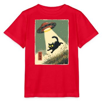 Katze UFO Entführung Japanisch Retro Alien - Stanley/Stella Kinder T-Shirt MINI CREATOR  - Rot - Vorne - Jaiden (125cm)