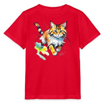 springende  Katze im wasserfarbenlook - Stanley/Stella Kinder T-Shirt MINI CREATOR  - Rot - Vorne - Jaiden (125cm)