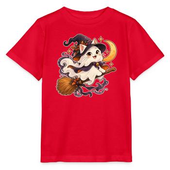 Geisterkatze auf einem Besen - Stanley/Stella Kinder T-Shirt MINI CREATOR  - Rot - Vorne - Jaiden (125cm)