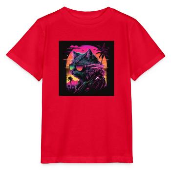 Cat with neon colors, synthwave / 80s - Stanley/Stella MINI CREATOR Kids’ T-Shirt - red - Front - Jaiden (125cm)