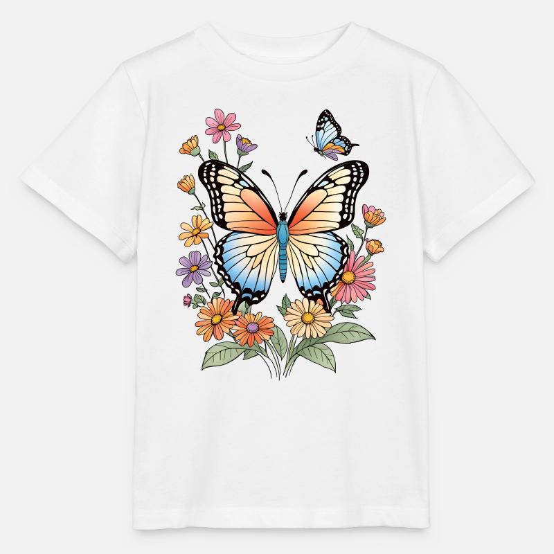Papillon coloré dans une mer de fleurs - T-shirt bio MINI CREATOR Stanley/Stella Enfant - blanc