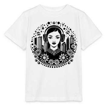 Trottoir urbain – femme, casque audio, portail - T-shirt bio MINI CREATOR Stanley/Stella Enfant - blanc - Devant - Maike (125cm)