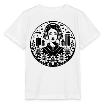 Gesicht – Frau mit Kopfhörer, Skyline, Streetwear - Stanley/Stella Kinder T-Shirt MINI CREATOR  - Weiß - Vorne - Maike (125cm)