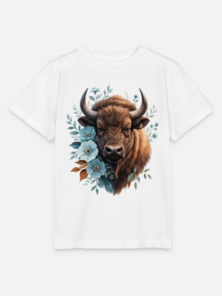 Büffelporträt mit blauen Blumen - Stanley/Stella Kinder T-Shirt MINI CREATOR  - Weiß