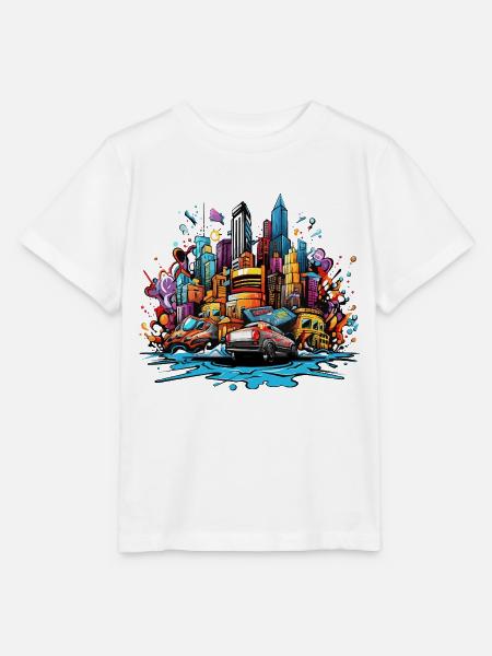 Bunte Stadtsilhouette mit Autos - Stanley/Stella Kinder T-Shirt MINI CREATOR  - Weiß