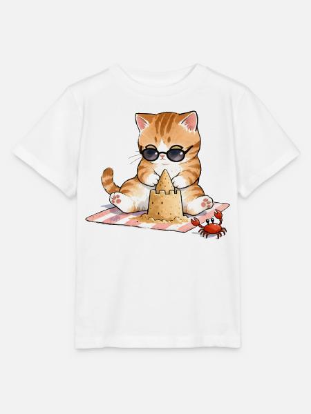 😸 🏖 Katze am Strand mit Sandburg - Stanley/Stella Kinder T-Shirt MINI CREATOR - Weiß