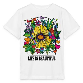 La vie est magnifique, rétro flower power des années 70 - T-shirt bio MINI CREATOR Stanley/Stella Enfant - blanc - Devant - Maike (125cm)
