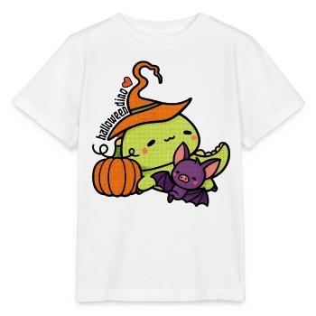 Dino d’Halloween avec citrouille et chauve-souris - T-shirt bio MINI CREATOR Stanley/Stella Enfant - blanc - Devant - Maike (125cm)