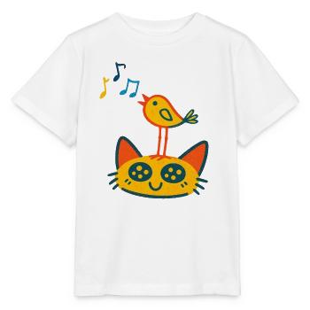 Oiseau chanteur sur chat - T-shirt bio MINI CREATOR Stanley/Stella Enfant - blanc - Devant - Maike (125cm)